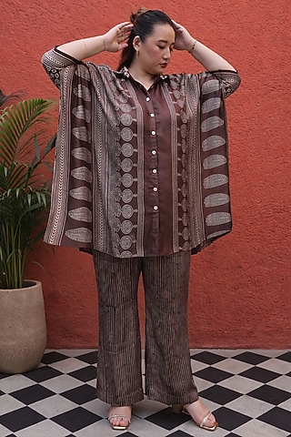 Brown Modal Satin Ajrakh Hand Block Printed Co-Ord Set by Prahnaaya