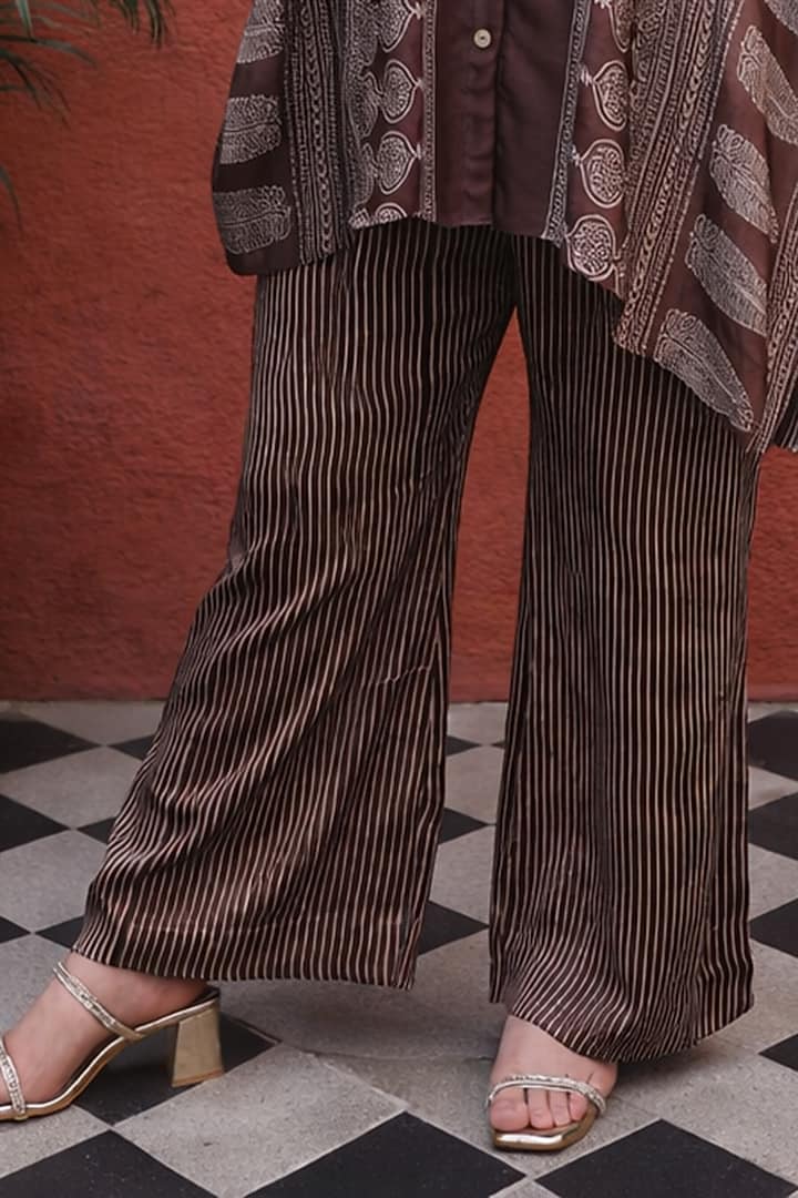 Brown Modal Satin Ajrakh Hand Block Printed Co-Ord Set by Prahnaaya at Pernia's Pop Up Shop