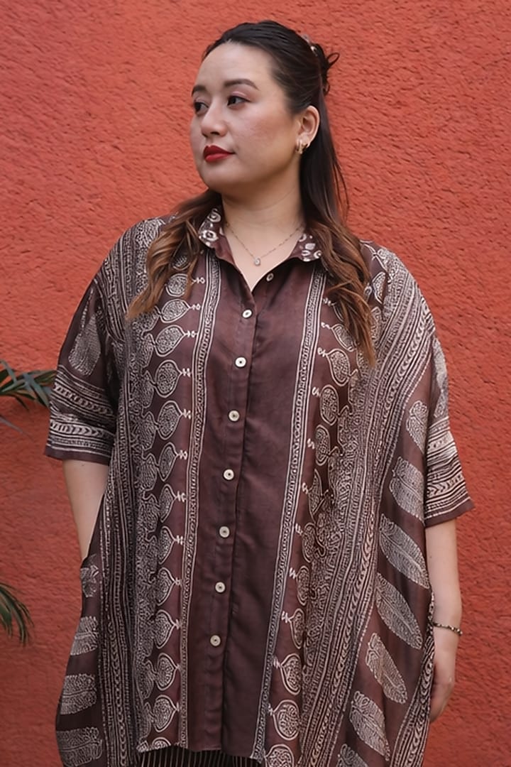 Brown Modal Satin Ajrakh Hand Block Printed Co-Ord Set by Prahnaaya at Pernia's Pop Up Shop