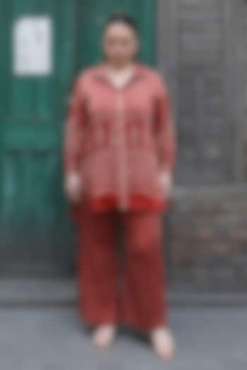 Red Modal Satin Ajrakh Hand Block Printed Co-Ord Set by Prahnaaya at Pernia's Pop Up Shop