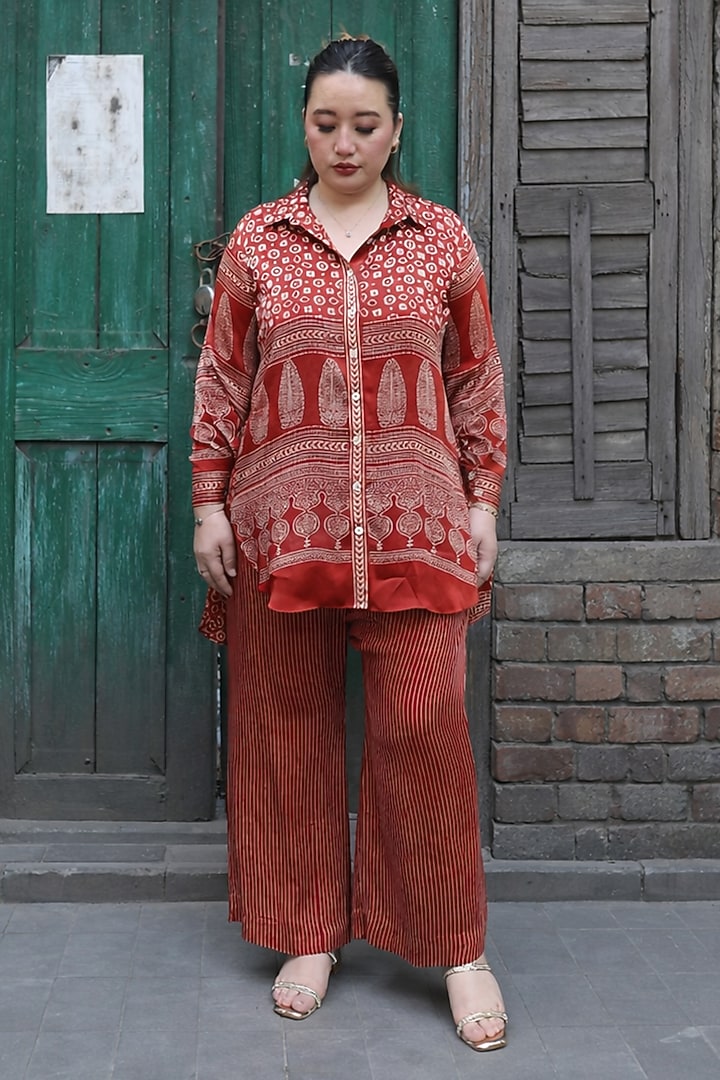 Red Modal Satin Ajrakh Hand Block Printed Co-Ord Set by Prahnaaya at Pernia's Pop Up Shop
