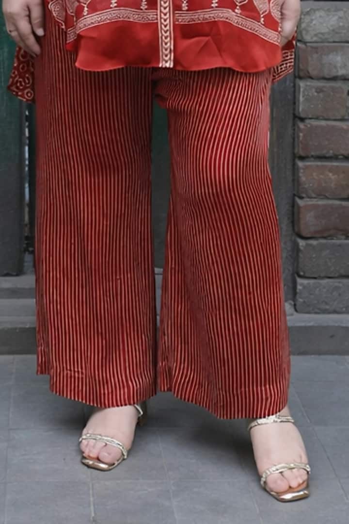 Red Modal Satin Ajrakh Hand Block Printed Co-Ord Set by Prahnaaya at Pernia's Pop Up Shop