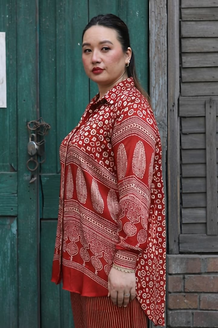 Red Modal Satin Ajrakh Hand Block Printed Co-Ord Set by Prahnaaya at Pernia's Pop Up Shop