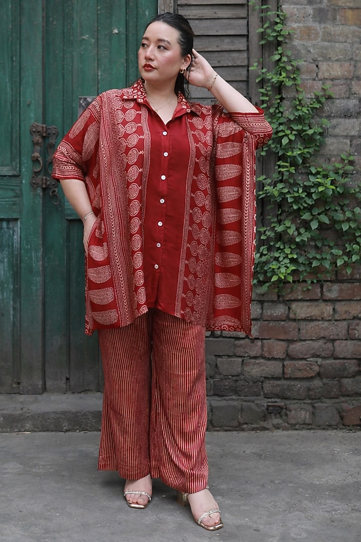 Red Modal Satin Ajrakh Hand Block Printed Co-Ord Set by Prahnaaya at Pernia's Pop Up Shop