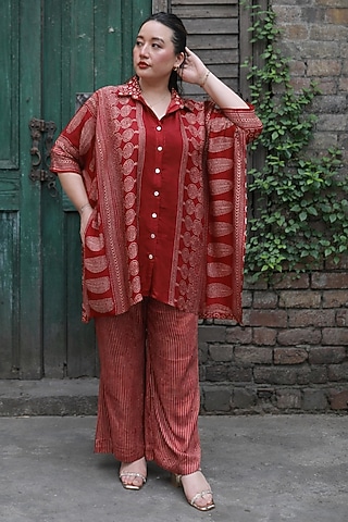 Red Modal Satin Ajrakh Hand Block Printed Co-Ord Set by Prahnaaya