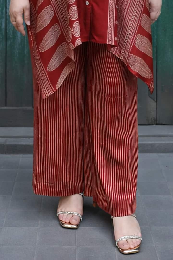 Red Modal Satin Ajrakh Hand Block Printed Co-Ord Set by Prahnaaya at Pernia's Pop Up Shop