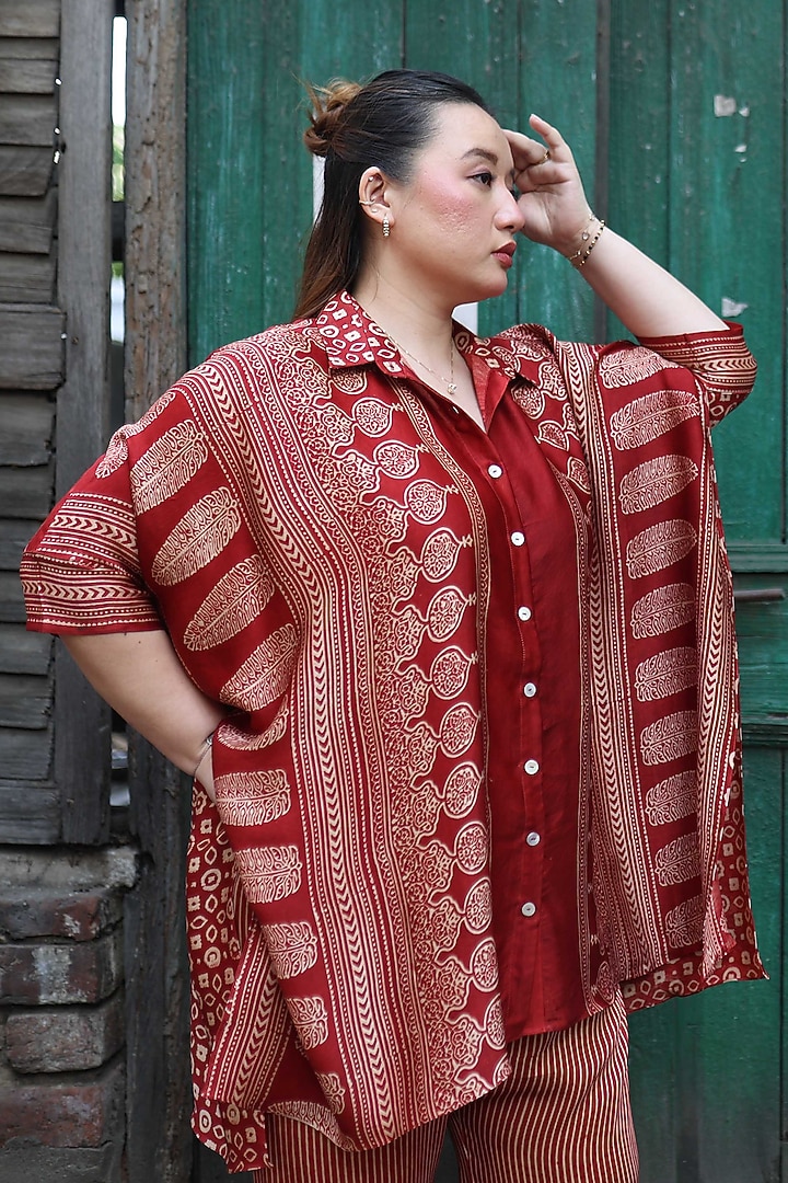 Red Modal Satin Ajrakh Hand Block Printed Co-Ord Set by Prahnaaya at Pernia's Pop Up Shop