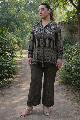 Black Modal Satin Ajrakh Hand Block Printed Co-Ord Set by Prahnaaya