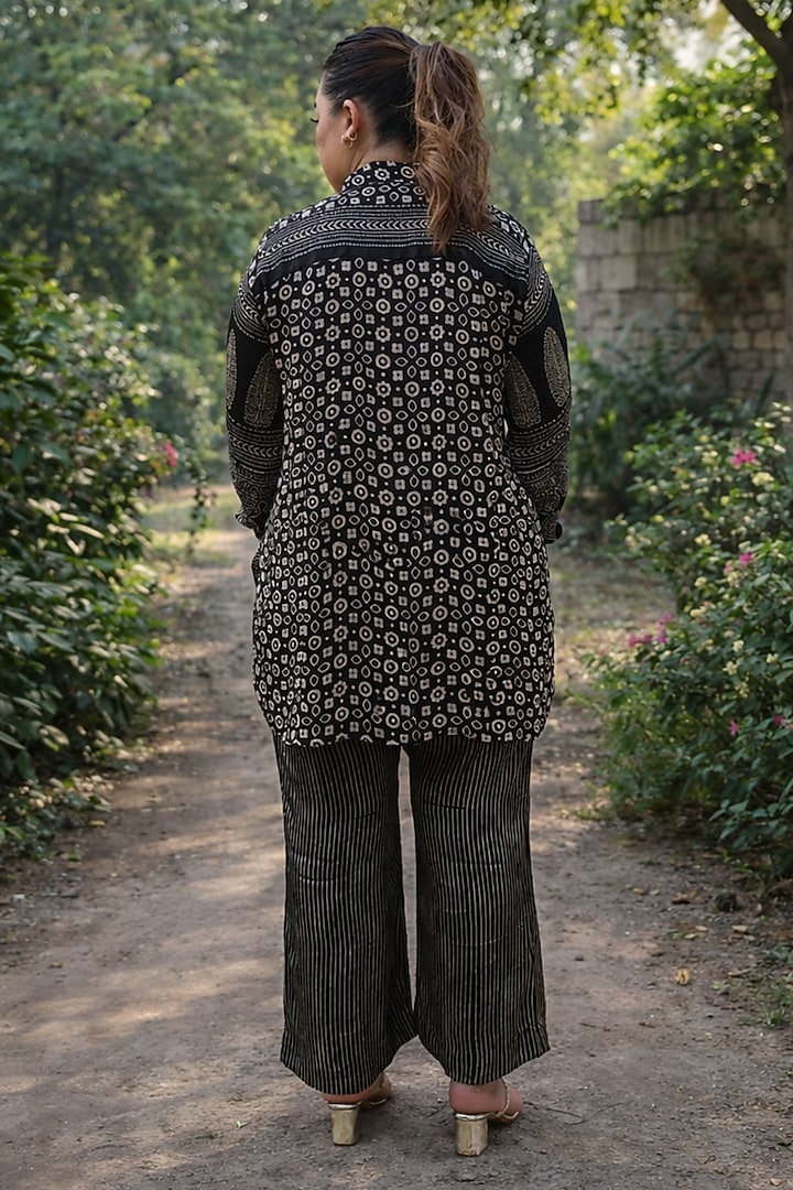 Black Modal Satin Ajrakh Hand Block Printed Co-Ord Set by Prahnaaya at Pernia's Pop Up Shop