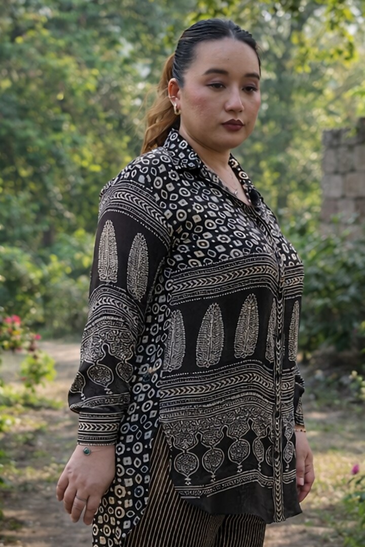 Black Modal Satin Ajrakh Hand Block Printed Co-Ord Set by Prahnaaya at Pernia's Pop Up Shop