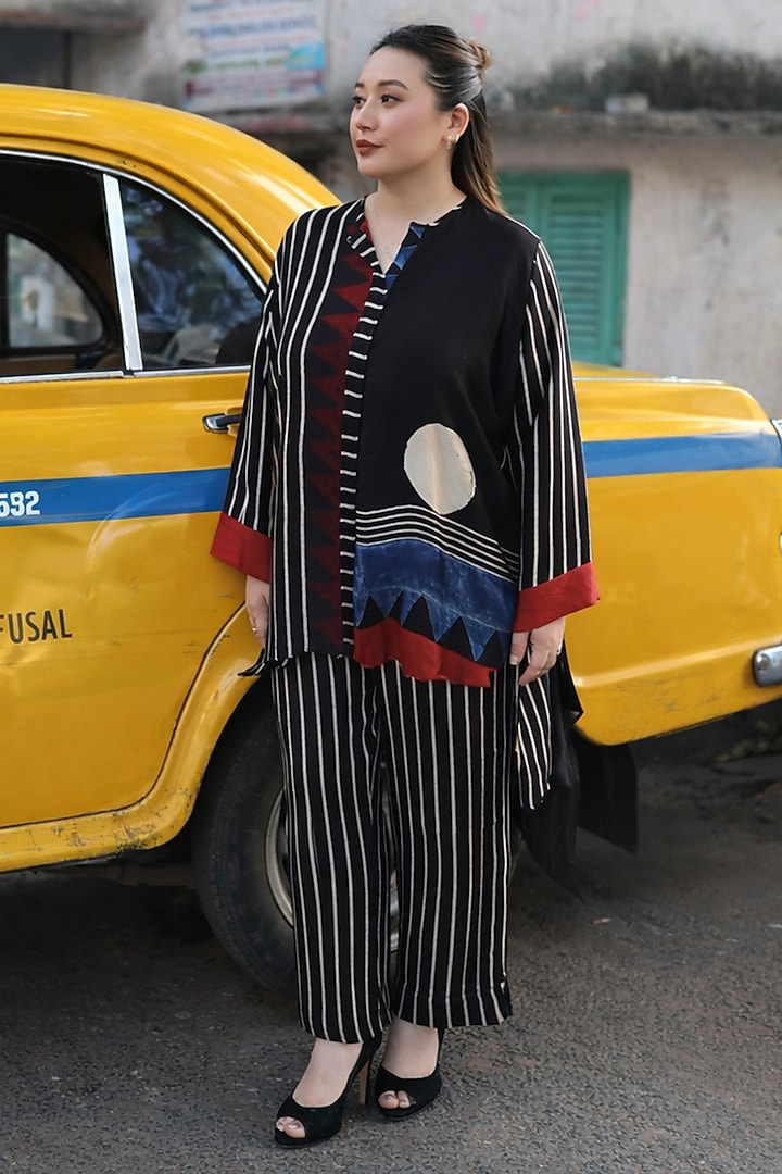 Black Modal Satin Ajrakh Hand Block Printed Co-Ord Set by Prahnaaya at Pernia's Pop Up Shop