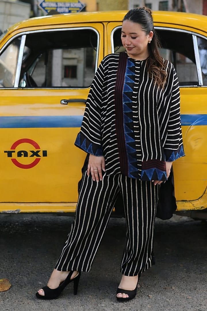 Black Modal Satin Ajrakh Hand Block Printed Co-Ord Set by Prahnaaya at Pernia's Pop Up Shop