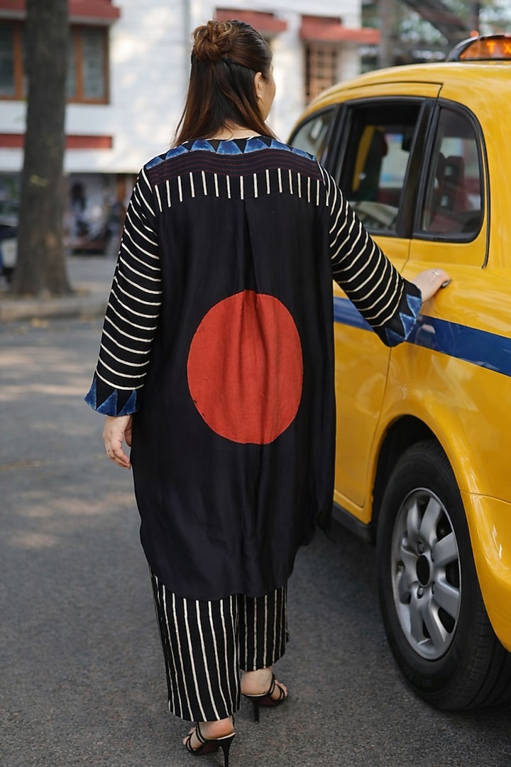 Black Modal Satin Ajrakh Hand Block Printed Co-Ord Set by Prahnaaya at Pernia's Pop Up Shop