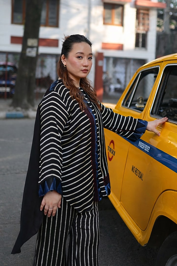 Black Modal Satin Ajrakh Hand Block Printed Co-Ord Set by Prahnaaya at Pernia's Pop Up Shop