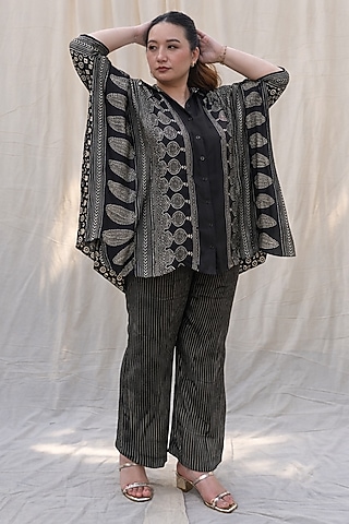 Black Modal Satin Ajrakh Hand Block Printed Co-Ord Set by Prahnaaya
