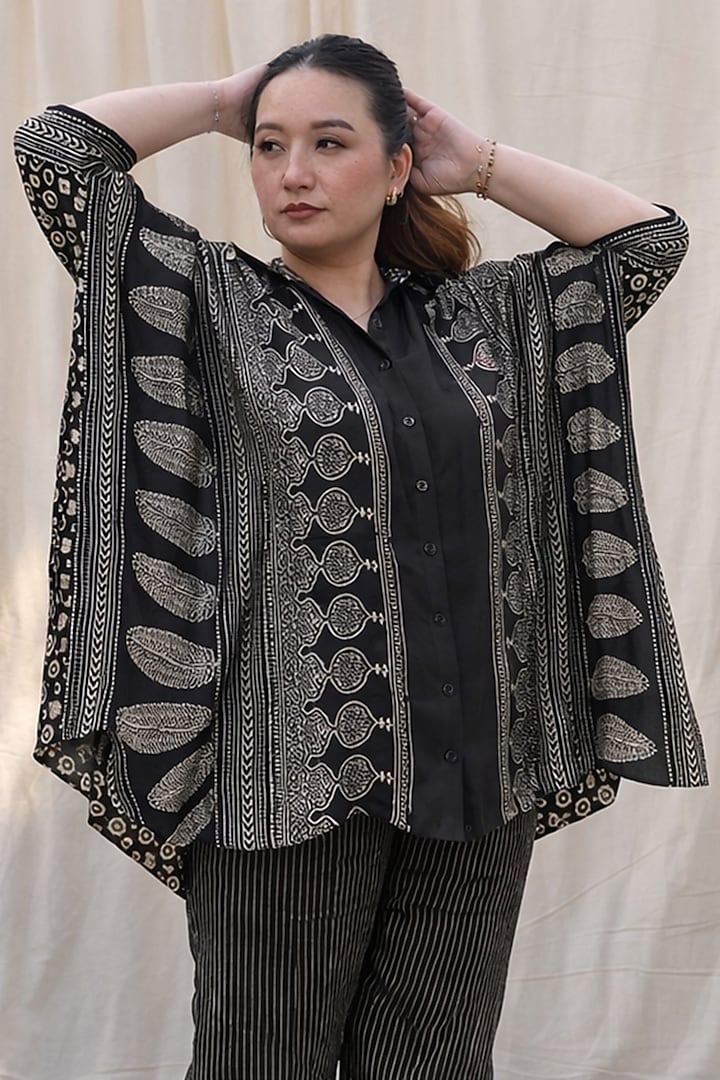 Black Modal Satin Ajrakh Hand Block Printed Co-Ord Set by Prahnaaya at Pernia's Pop Up Shop