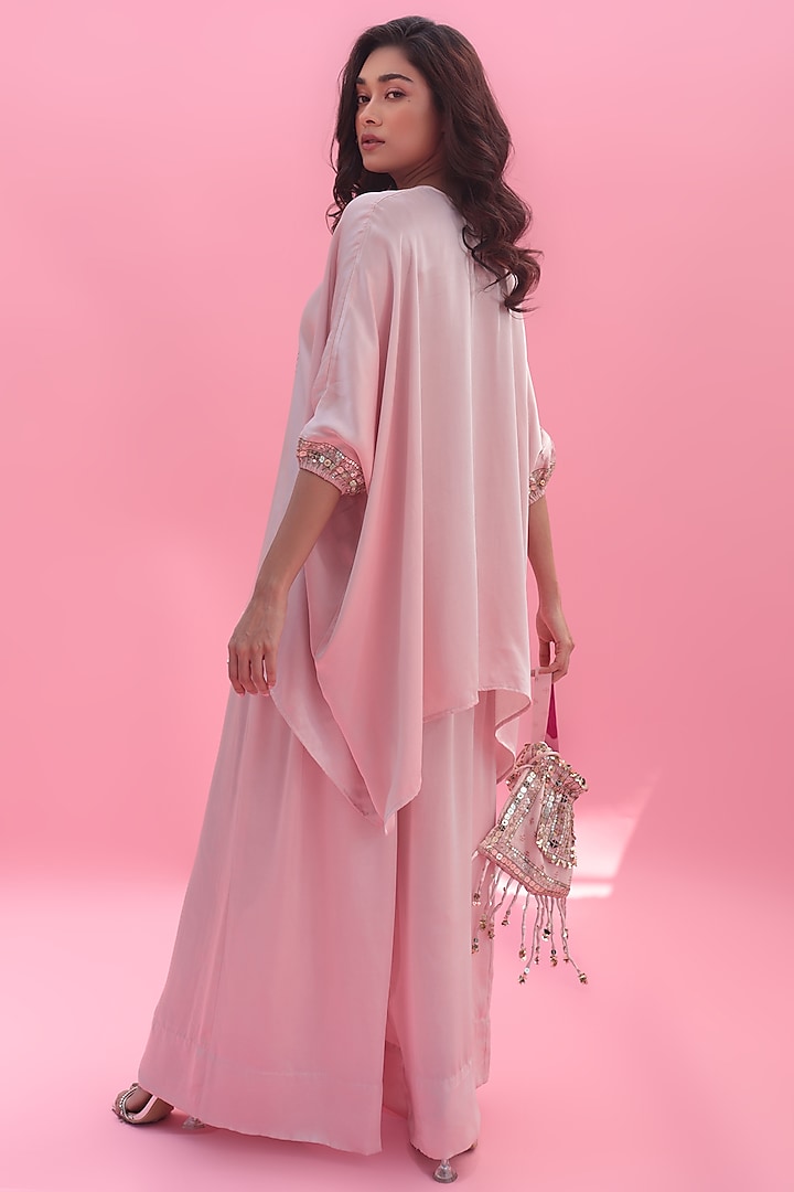 Pastel Pink Vegan Satin Hand Embroidered Co-Ord Set by Prahnaaya at Pernia's Pop Up Shop