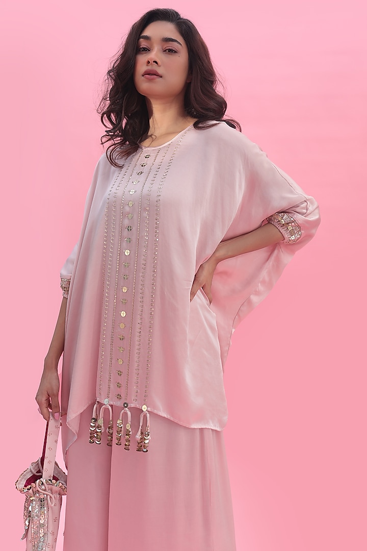 Pastel Pink Vegan Satin Hand Embroidered Co-Ord Set by Prahnaaya at Pernia's Pop Up Shop