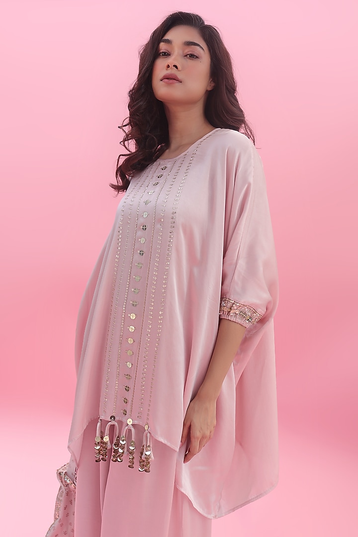 Pastel Pink Vegan Satin Hand Embroidered Co-Ord Set by Prahnaaya at Pernia's Pop Up Shop