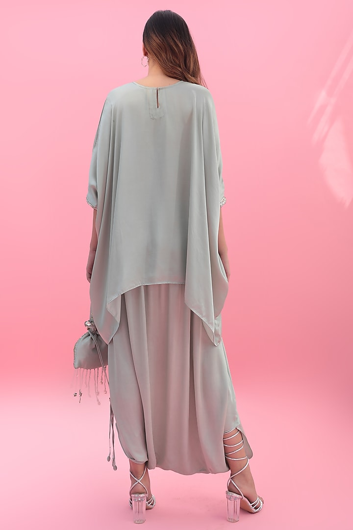 Green Vegan Satin Hand Embroidered Dhoti Skirt Set by Prahnaaya at Pernia's Pop Up Shop