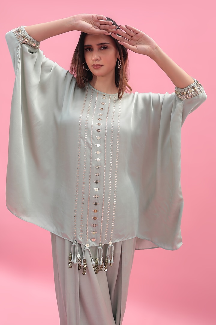 Green Vegan Satin Hand Embroidered Dhoti Skirt Set by Prahnaaya at Pernia's Pop Up Shop