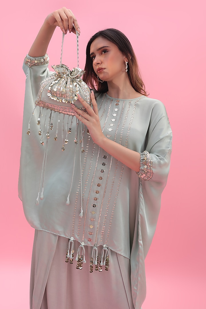 Green Vegan Satin Hand Embroidered Dhoti Skirt Set by Prahnaaya at Pernia's Pop Up Shop