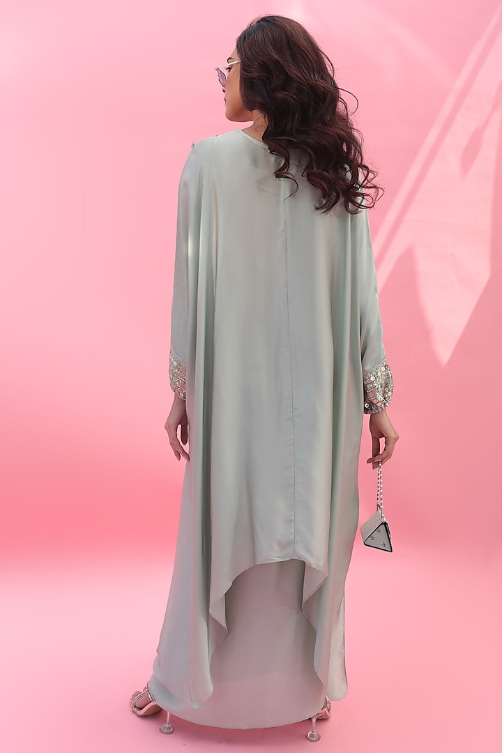 Pastel Green Vegan Satin Hand Embroidered Kaftan Set by Prahnaaya at Pernia's Pop Up Shop