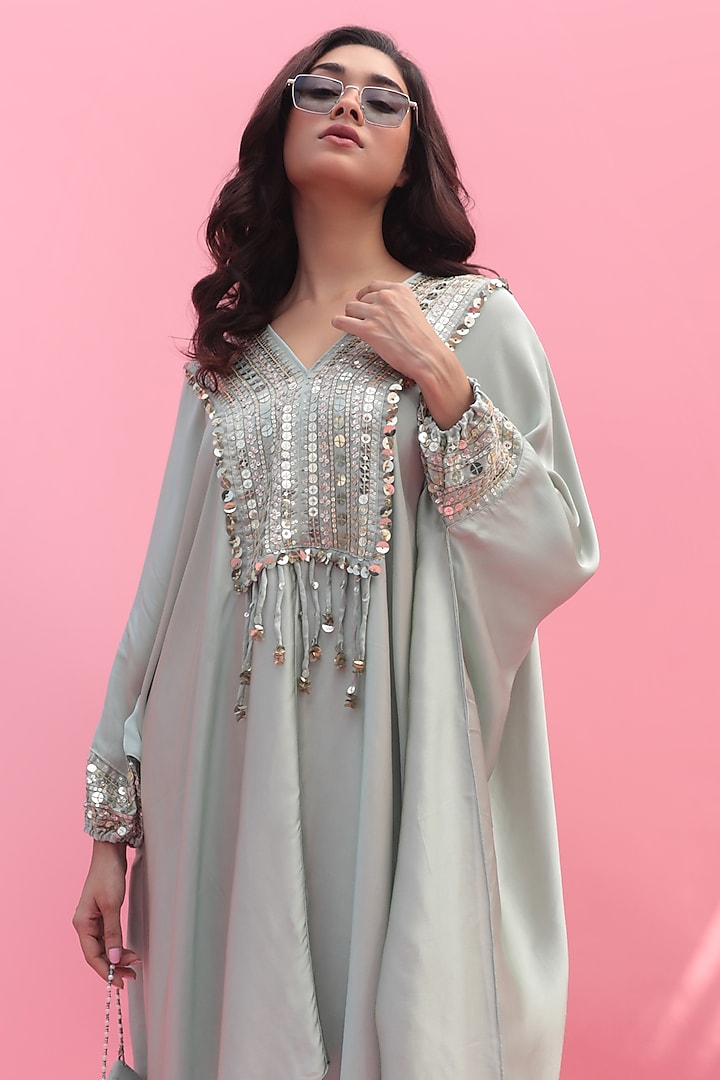 Pastel Green Vegan Satin Hand Embroidered Kaftan Set by Prahnaaya at Pernia's Pop Up Shop
