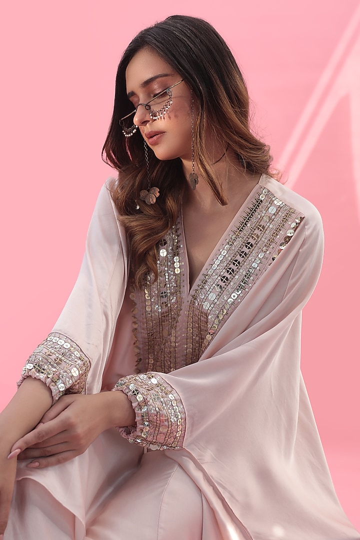 Soft Pink Vegan Satin Hand Embroidered Kaftan Set by Prahnaaya at Pernia's Pop Up Shop