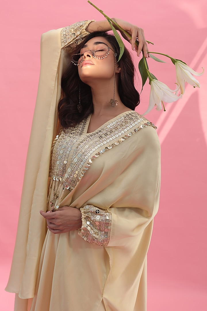 Pastel Green Vegan Satin Hand Embroidered Kaftan Set by Prahnaaya at Pernia's Pop Up Shop