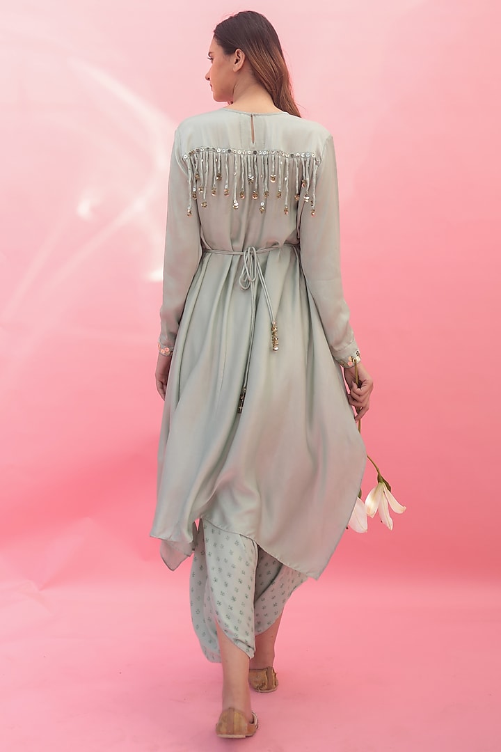 Green Vegan Satin Hand Block Printed Dhoti Skirt Set by Prahnaaya at Pernia's Pop Up Shop