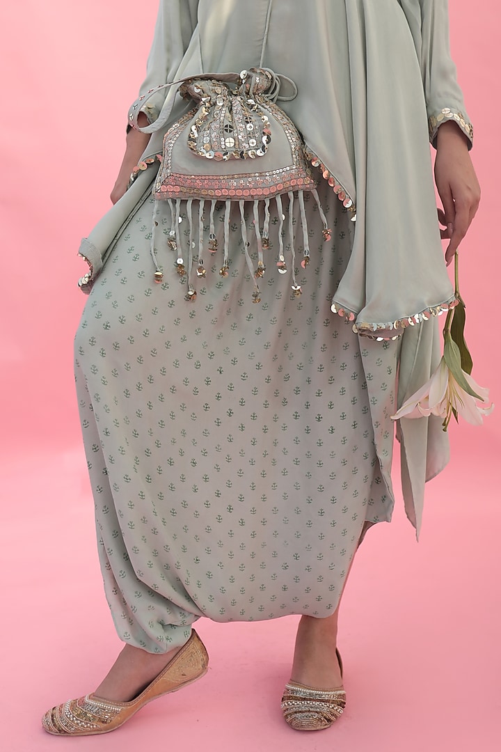 Green Vegan Satin Hand Block Printed Dhoti Skirt Set by Prahnaaya at Pernia's Pop Up Shop