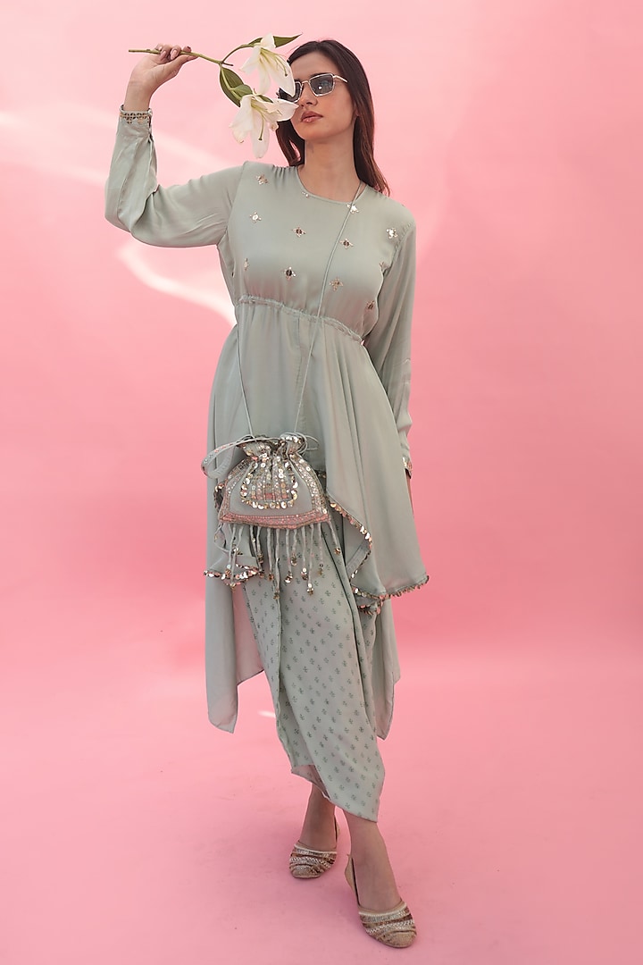 Green Vegan Satin Hand Block Printed Dhoti Skirt Set by Prahnaaya at Pernia's Pop Up Shop