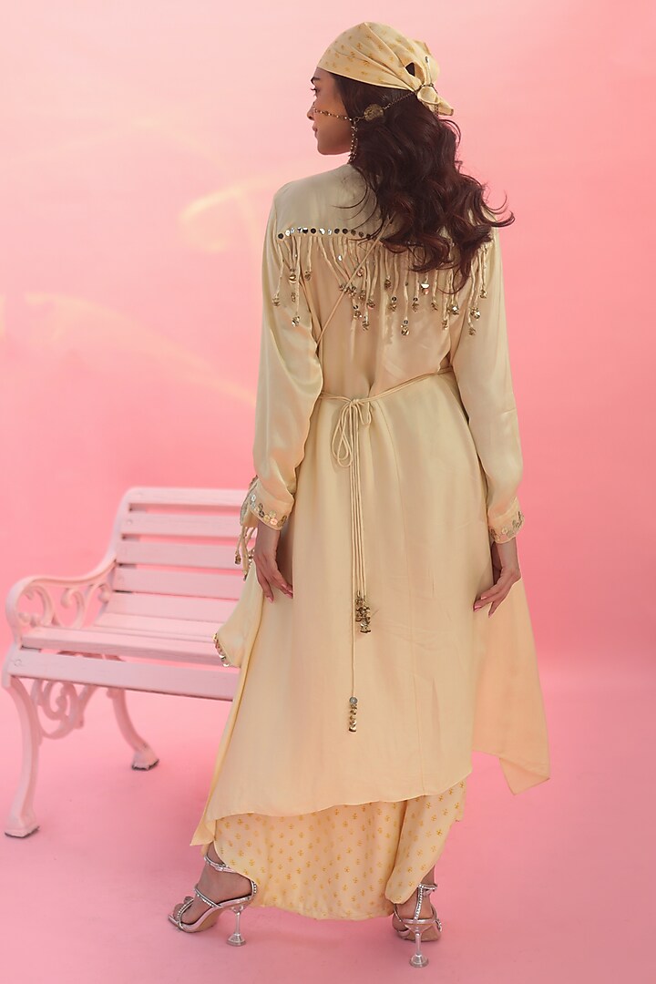 Yellow Vegan Satin Hand Block Printed Dhoti Skirt Set by Prahnaaya at Pernia's Pop Up Shop