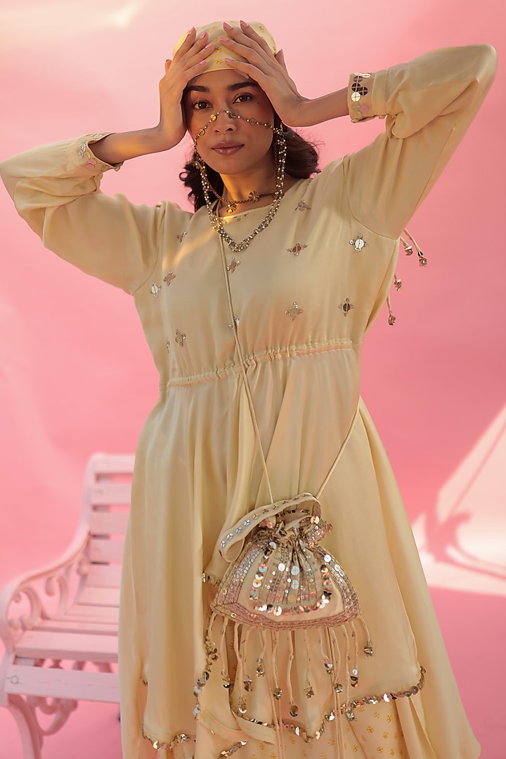 Yellow Vegan Satin Hand Block Printed Dhoti Skirt Set by Prahnaaya at Pernia's Pop Up Shop