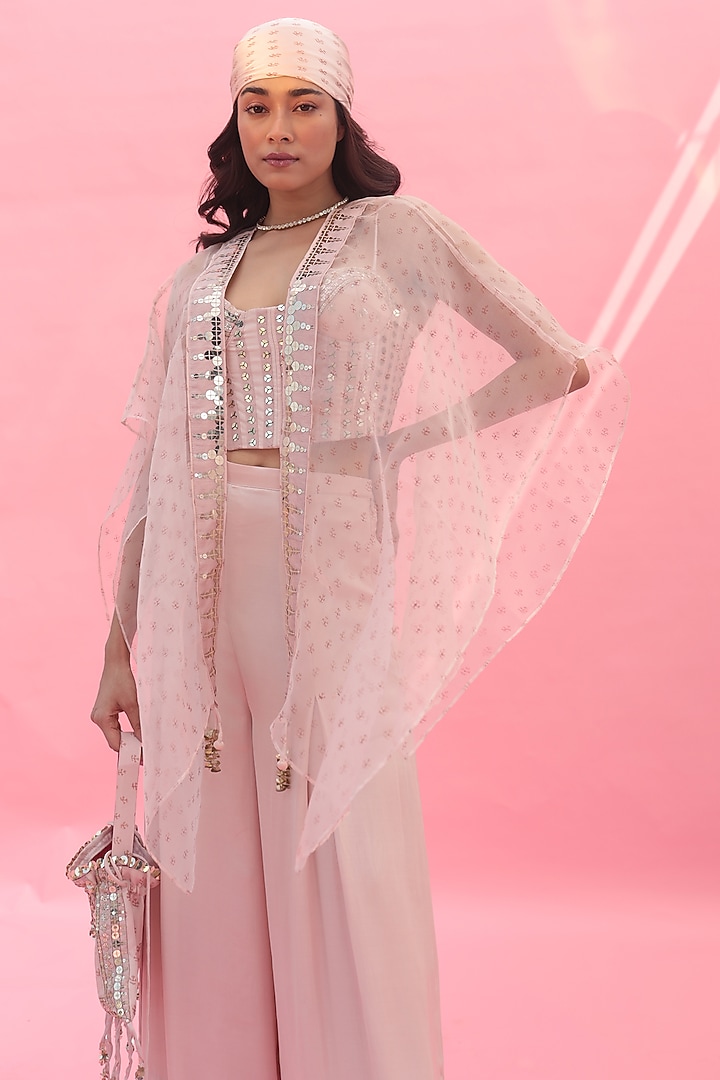 Pink Organza Hand Embroidered Cape Set by Prahnaaya at Pernia's Pop Up Shop