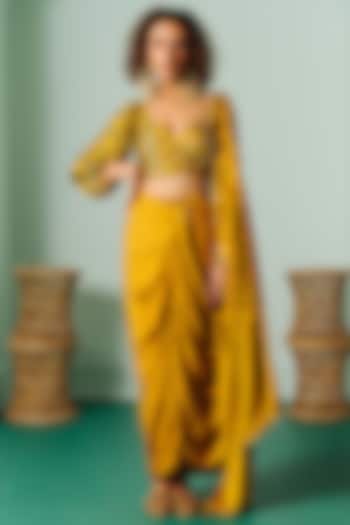 Yellow Satin Pre-Stitched Saree Set by Prahnaaya