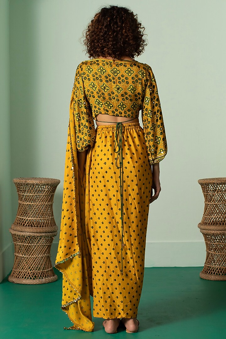 Yellow Satin Pre-Stitched Wedding Saree Set by Prahnaaya at Pernia's Pop Up Shop