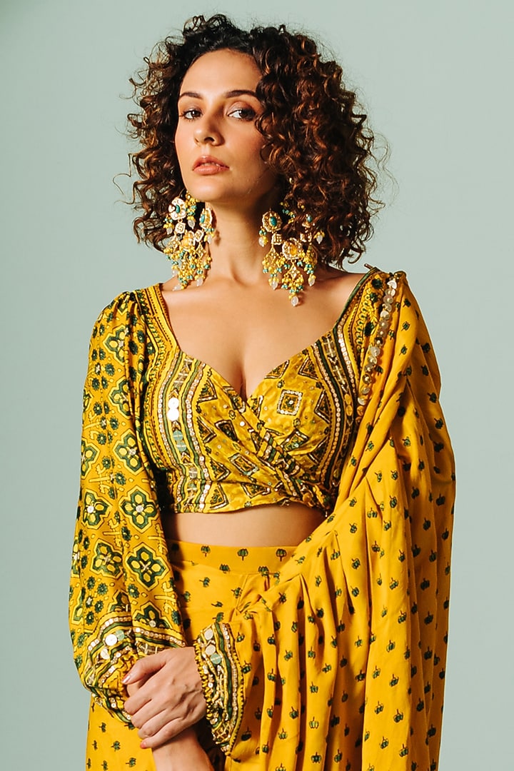 Yellow Satin Pre-Stitched Wedding Saree Set by Prahnaaya at Pernia's Pop Up Shop