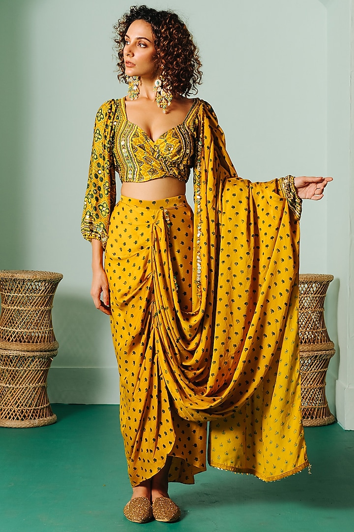 Yellow Satin Pre-Stitched Wedding Saree Set by Prahnaaya at Pernia's Pop Up Shop