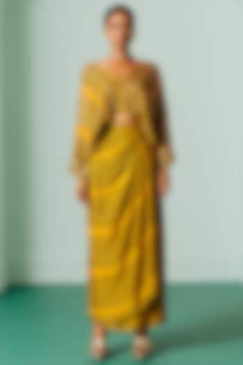 Yellow Satin Printed Skirt Set by Prahnaaya