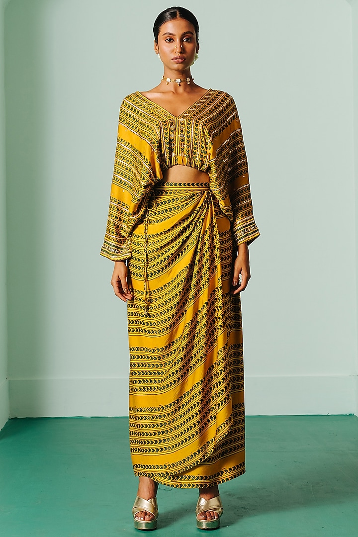 Yellow Satin Printed Skirt Set by Prahnaaya