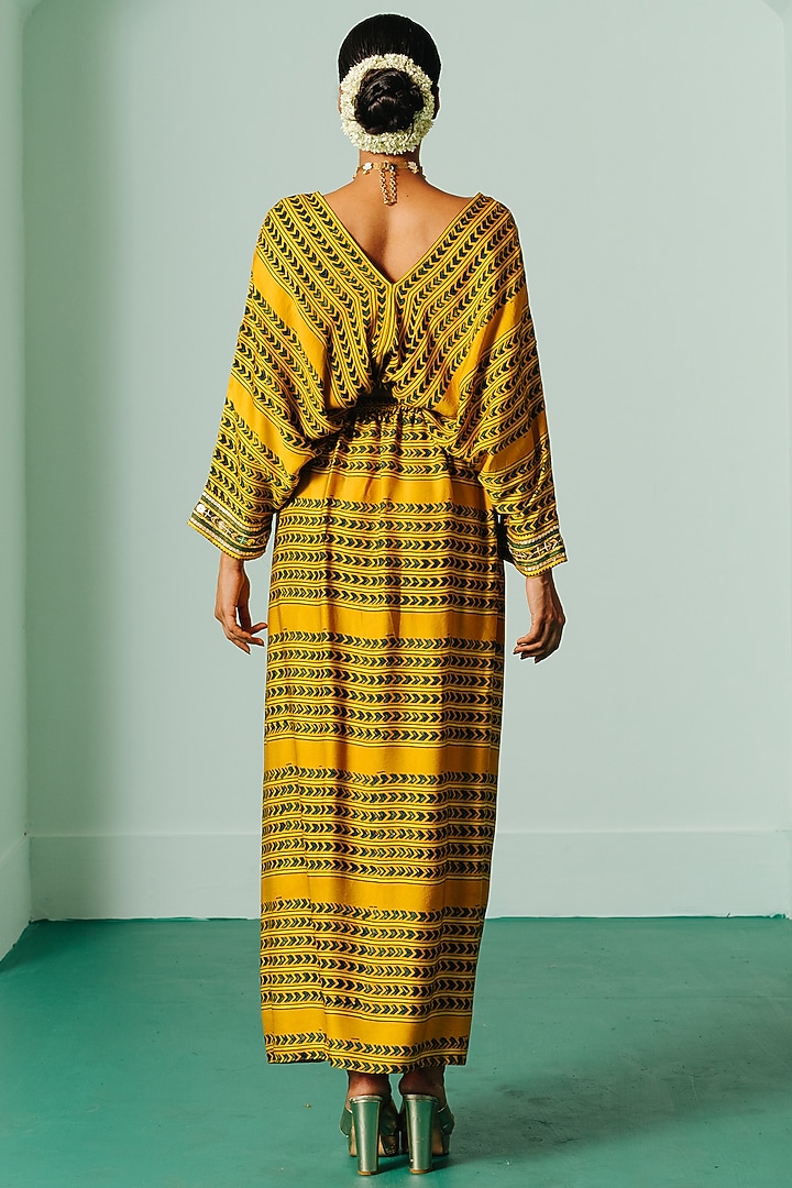 Yellow Satin Printed Skirt Set by Prahnaaya at Pernia's Pop Up Shop