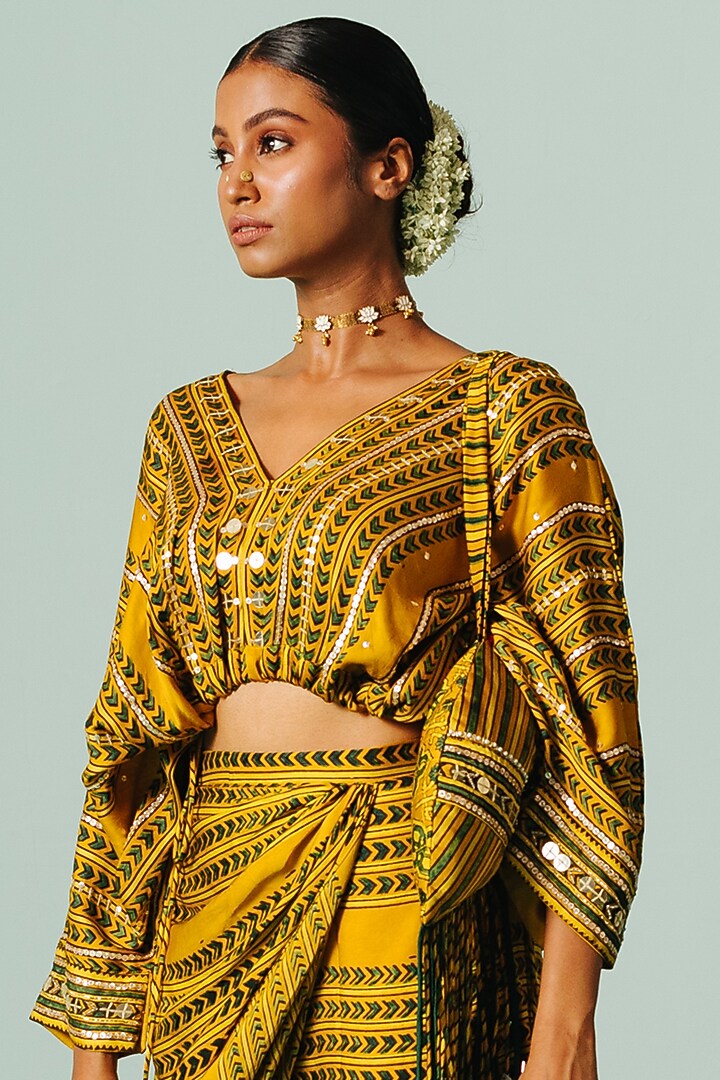Yellow Satin Printed Skirt Set by Prahnaaya at Pernia's Pop Up Shop