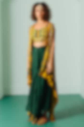 Green Satin Draped Skirt Set by Prahnaaya