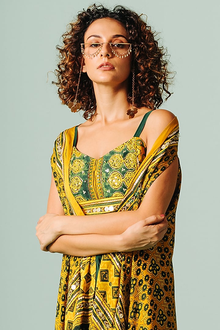 Green Satin Draped Skirt Set by Prahnaaya at Pernia's Pop Up Shop