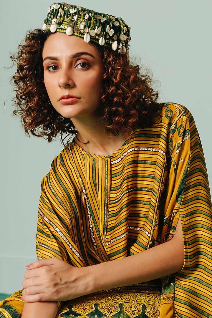 Yellow Satin Printed Asymmetric Kaftan Set by Prahnaaya at Pernia's Pop Up Shop