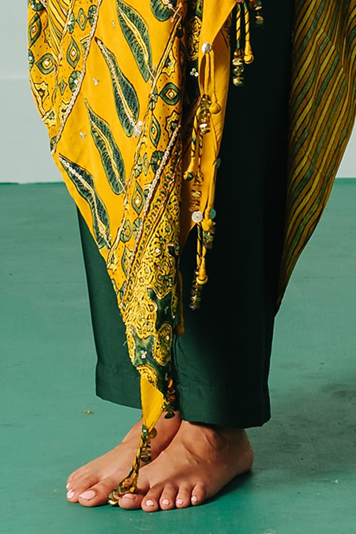 Yellow Satin Printed Asymmetric Kaftan Set by Prahnaaya at Pernia's Pop Up Shop