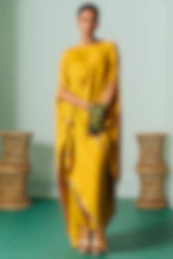 Yellow Satin Asymmetric Kaftan Set by Prahnaaya