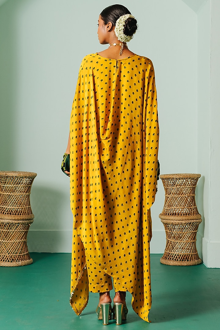 Yellow Satin Asymmetric Kaftan Set by Prahnaaya at Pernia's Pop Up Shop